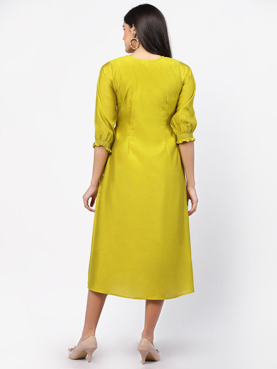 Embroidered Yoke Gathered Midi Dress  ARHAA