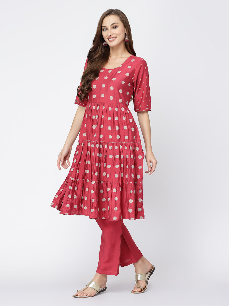 Red Polka Zari Butta Spun Dupion Silk Long Straight Kurta