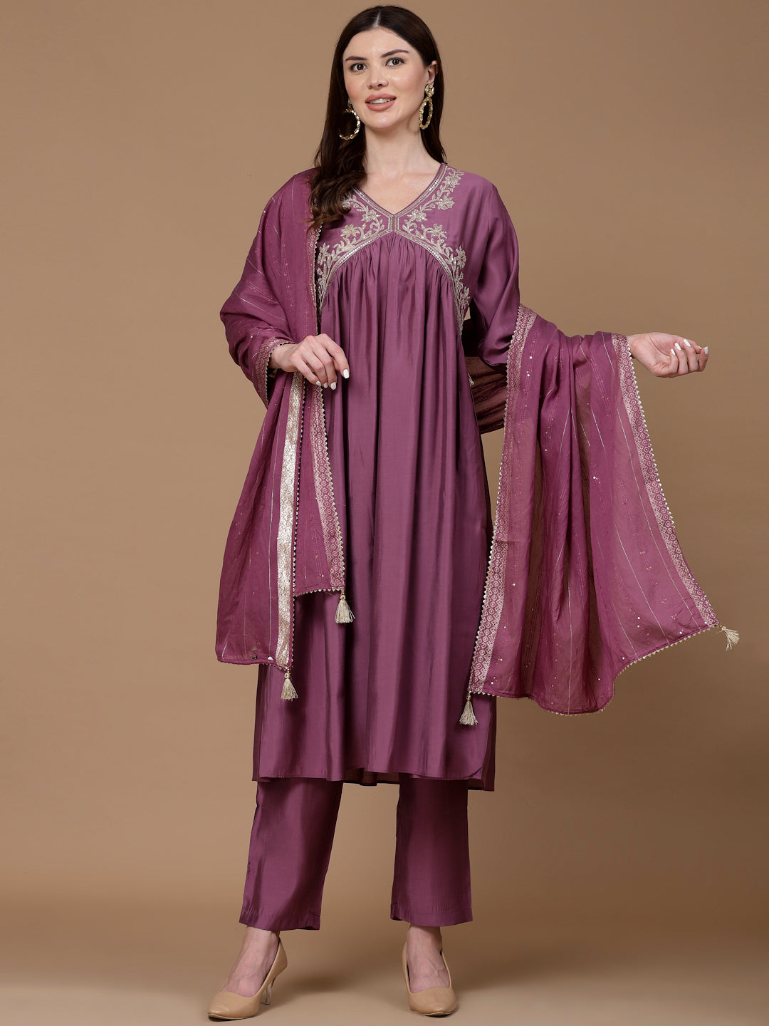 Berry Bloom Silk Kurta Set with Dupatta