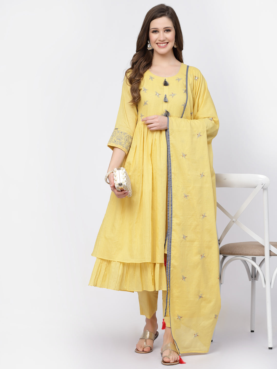 Light Yellow Mal Cotton Kurta Pant with Dupatta Set