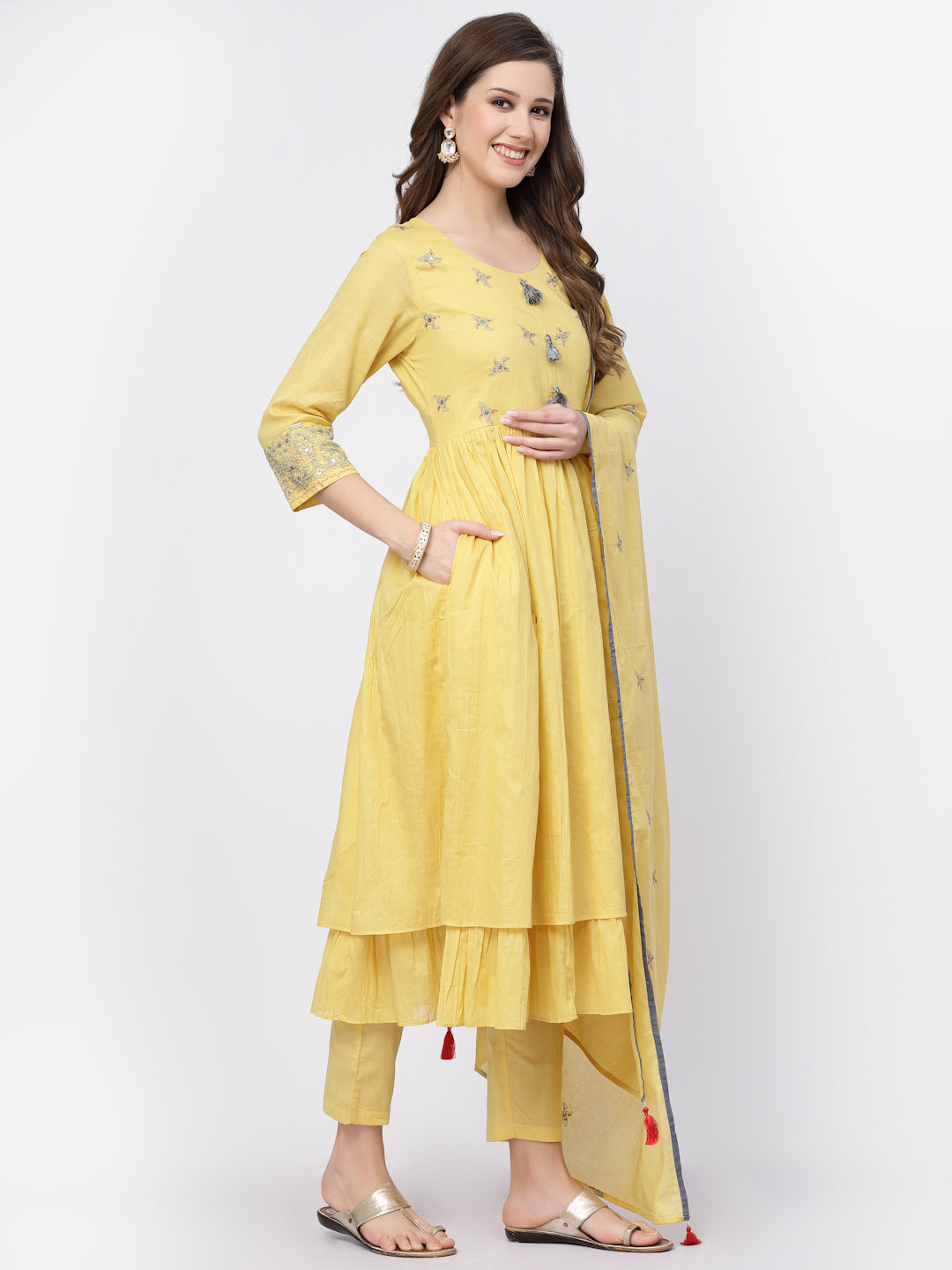 Light Yellow Mal Cotton Kurta Pant with Dupatta Set