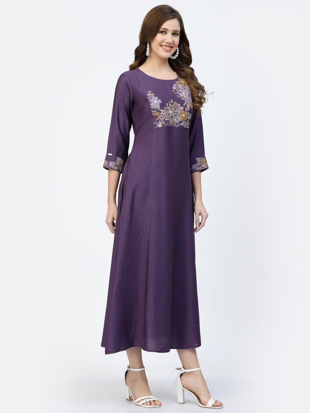 Blue Voilet Viscose Silk Embroidery Work Dress - ARH1357
