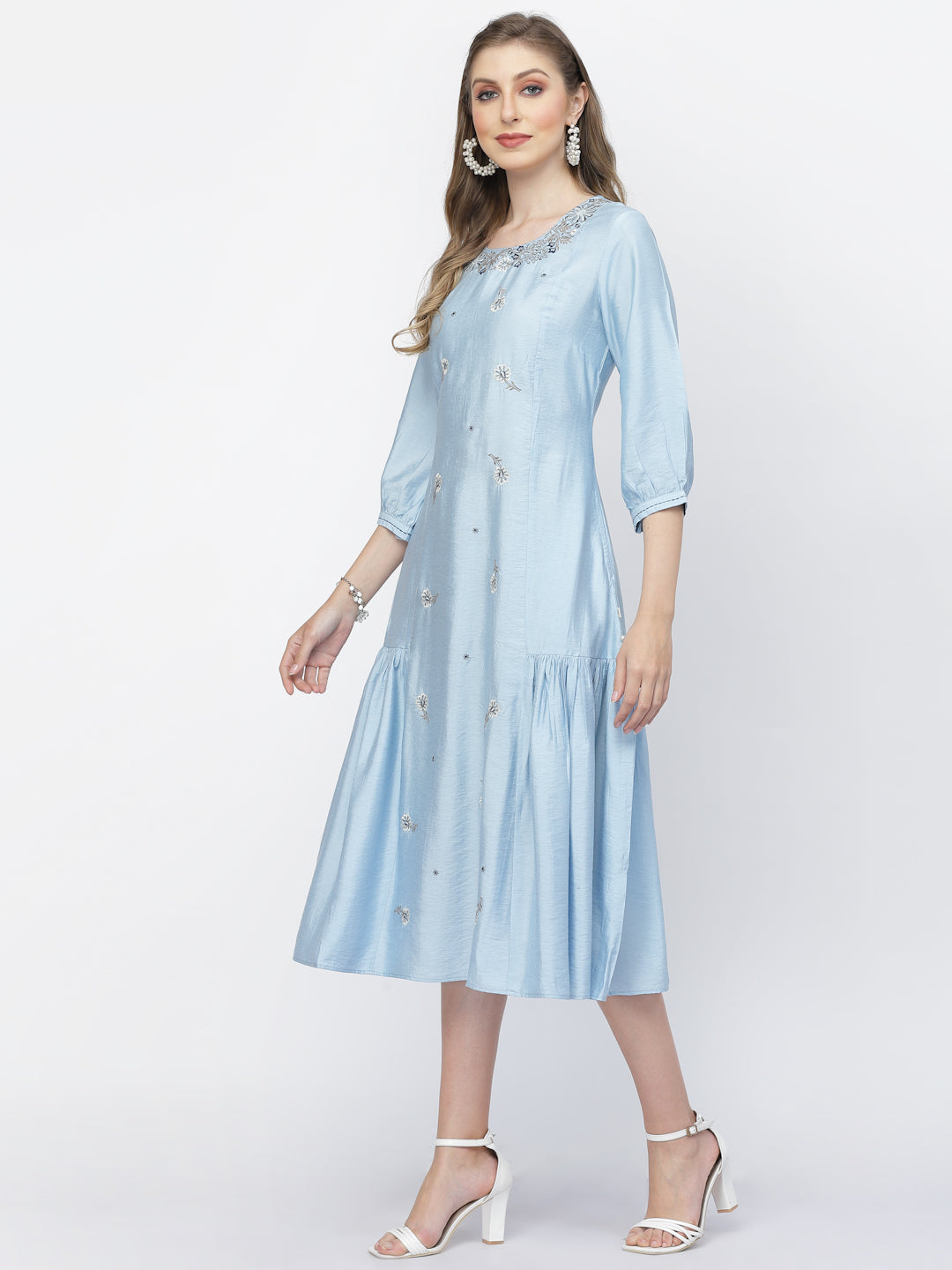 Cloudy Blue Flared Viscose Silk Dress With Embroidery Detail - ARH1502