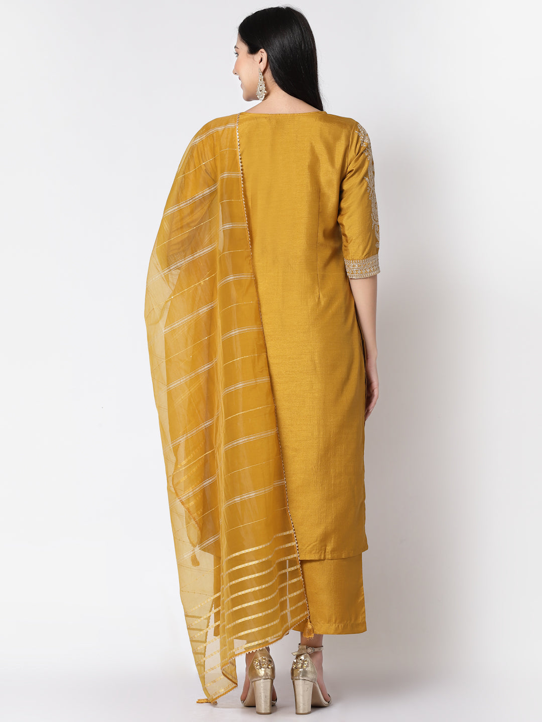 Mustard Poly Silk Embroidered Kurta, Pant with Dupatta Set-ARH1533M