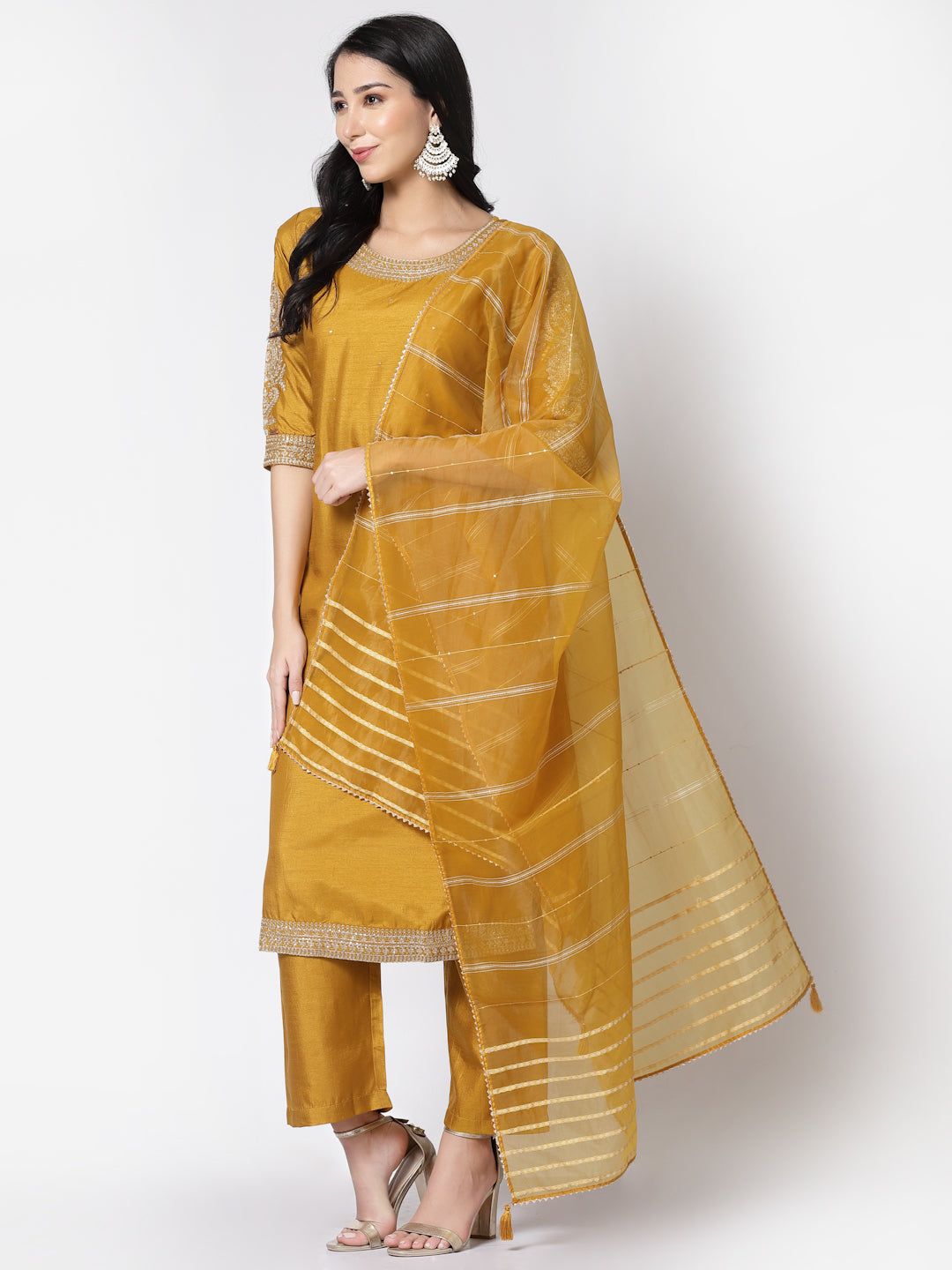 Mustard Poly Silk Embroidered Kurta Set