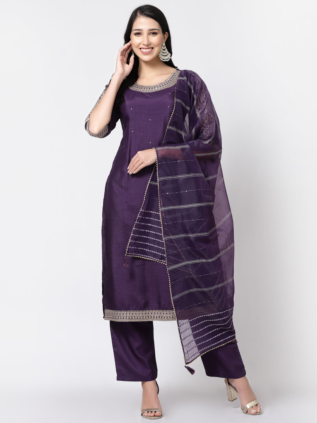 Dark Purple Poly Silk Embroidered Kurta, Pant with Dupatta Set-ARH1533V