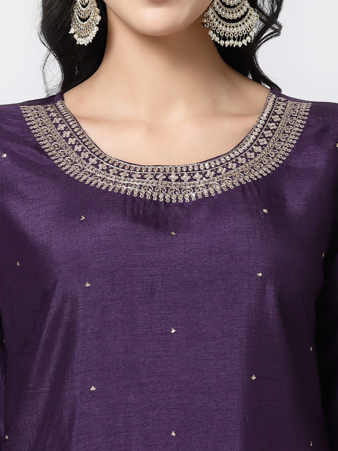 Dark Purple Poly Silk Embroidered Kurta, Pant with Dupatta Set-ARH1533V
