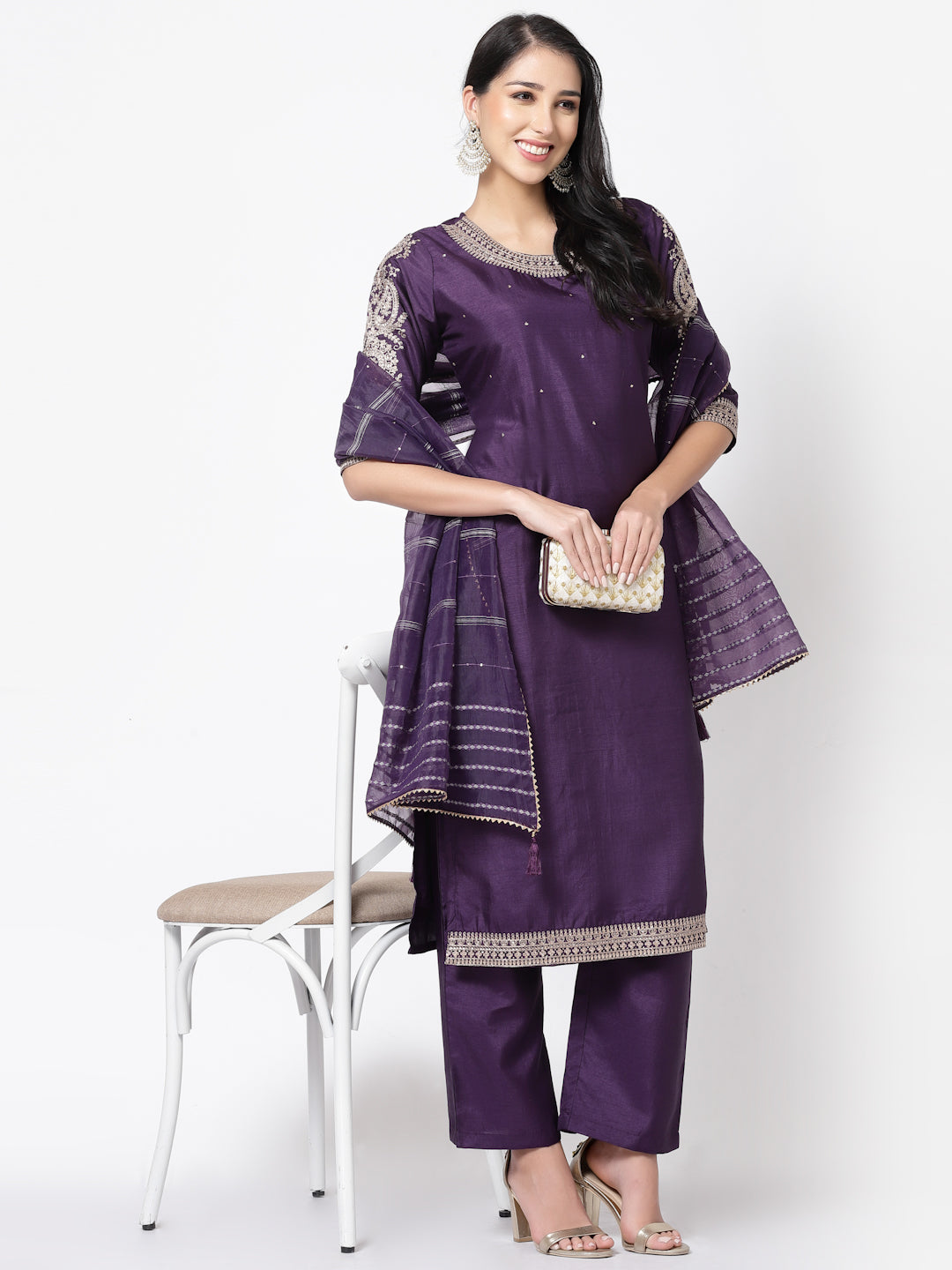 Dark Purple Poly Silk Embroidered Kurta Set