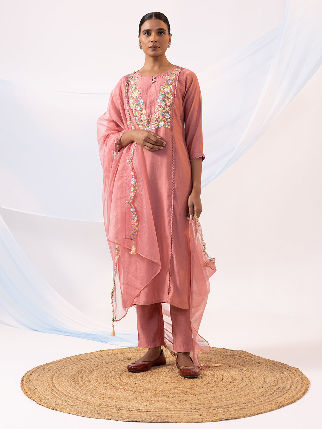 Floral Embroidered Straight Chanderi Silk Kurta Set-ARH1574P