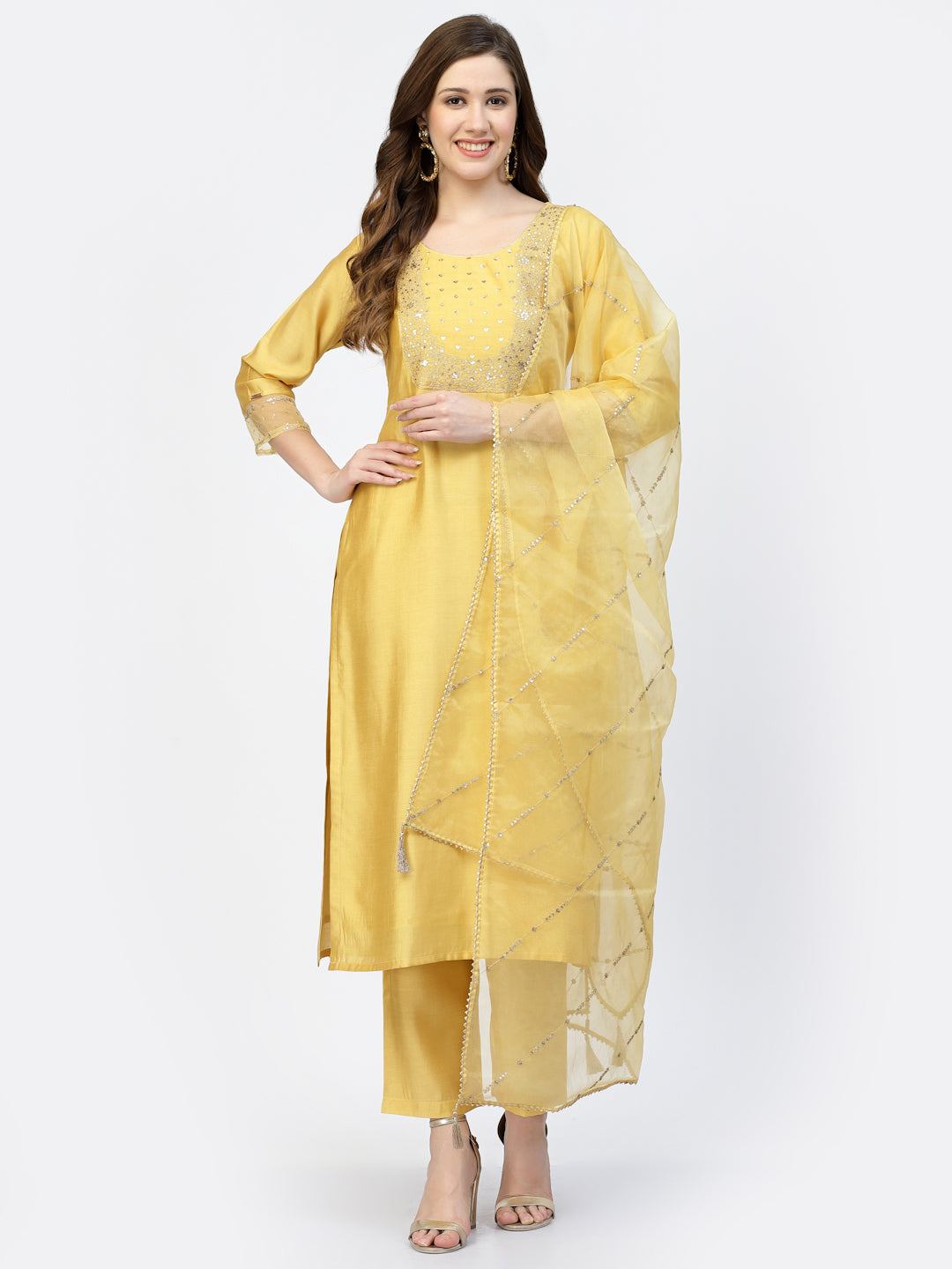 Yellow Embellished Straight Kurta With Trouser & Dupatta Set - ARH1664