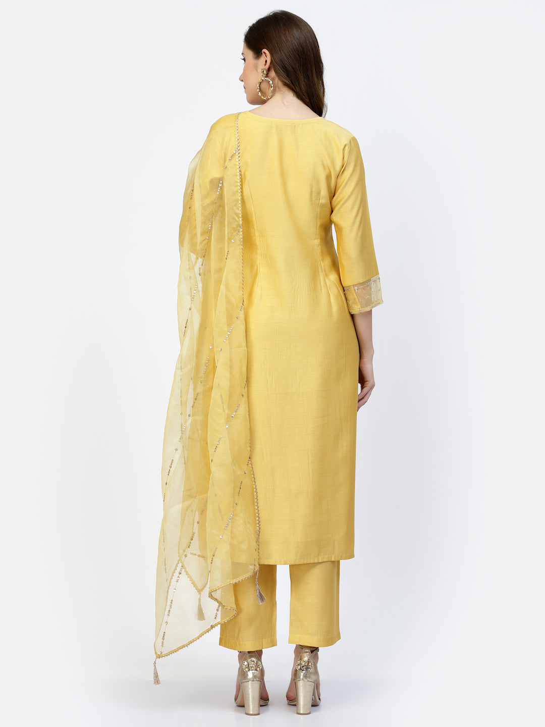 Yellow Embellished Straight Kurta With Trouser & Dupatta Set - ARH1664