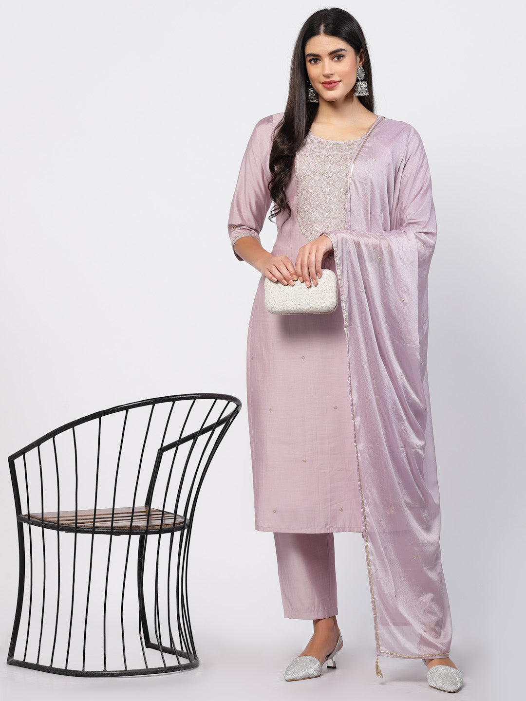Lilac Chanderi Silk Kurta With Trouser & Dupatta Set-ARH1682L