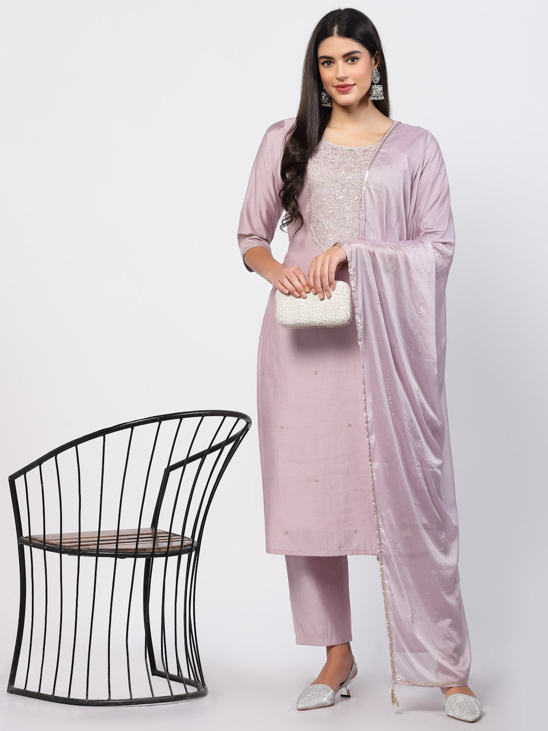 Lilac Chanderi Silk Kurta With Trouser & Dupatta Set