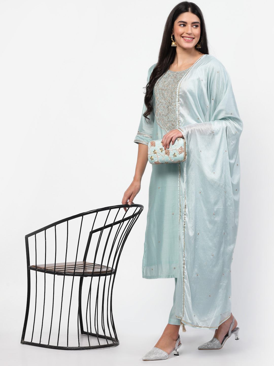 Light Blue Chanderi Silk Kurta With Trouser & Dupatta Set-ARH1682S