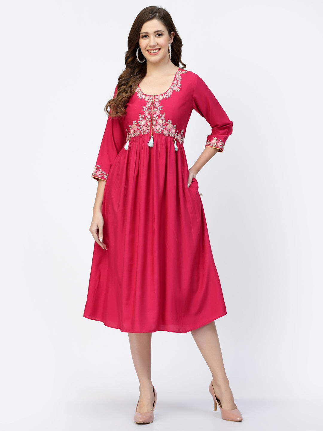 Rani Pink Fit & Flared Embroidered Dress - ARH1697