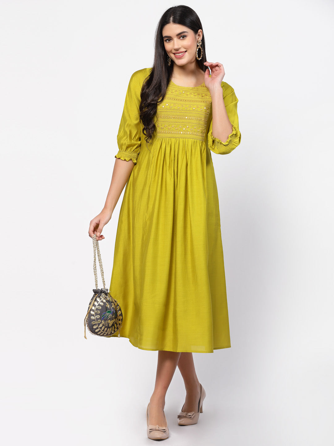 Embroidered Yoke Gathered Midi Dress ARHAA Embroidered Yoke Gathered Midi Dress ARHAA