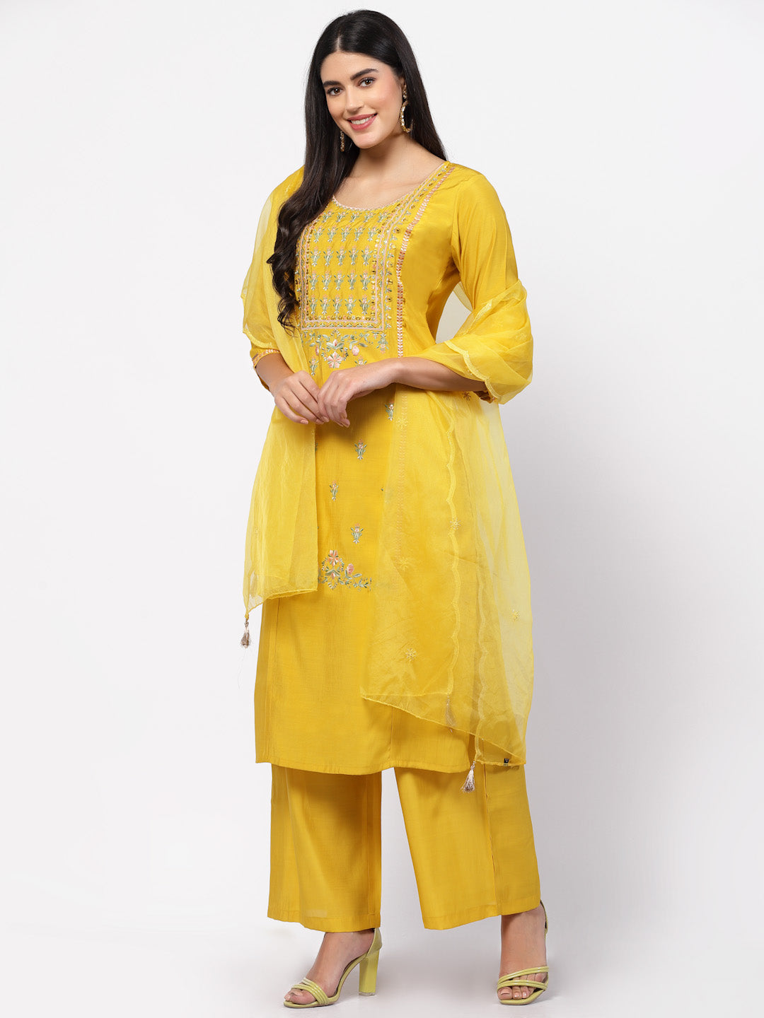 Yellow Embroidered Straight Kurta Set With Dupatta