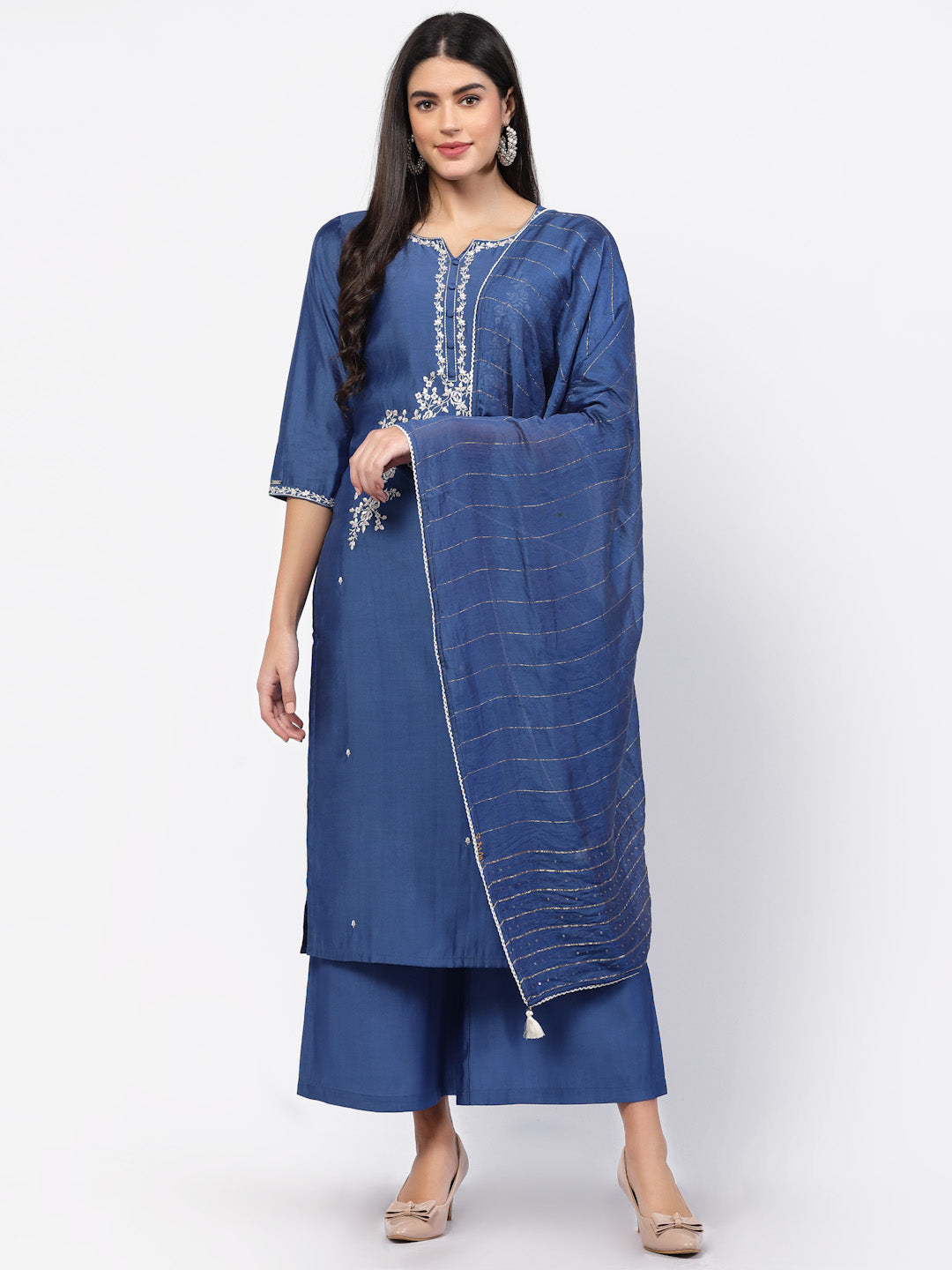 Steel Blue Embroidered Chanderi Silk Kurta Set-ARH1865B