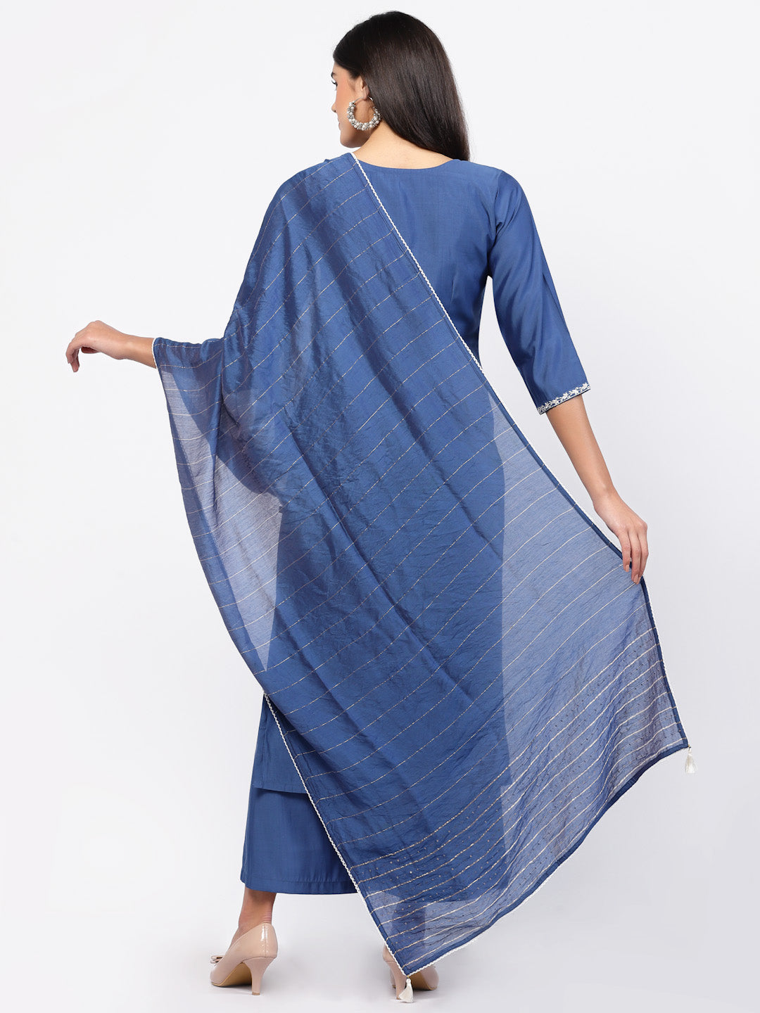 Steel Blue Embroidered Chanderi Silk Kurta Set-ARH1865B