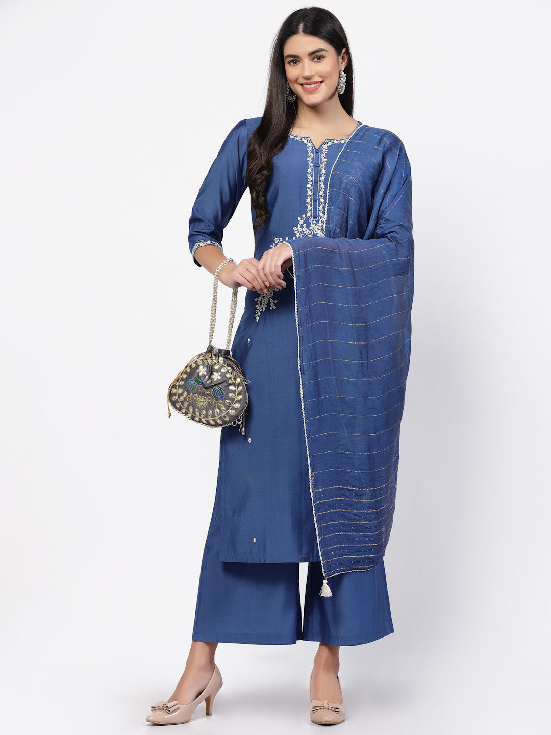 Steel Blue Embroidered Chanderi Silk Kurta Set-ARH1865B