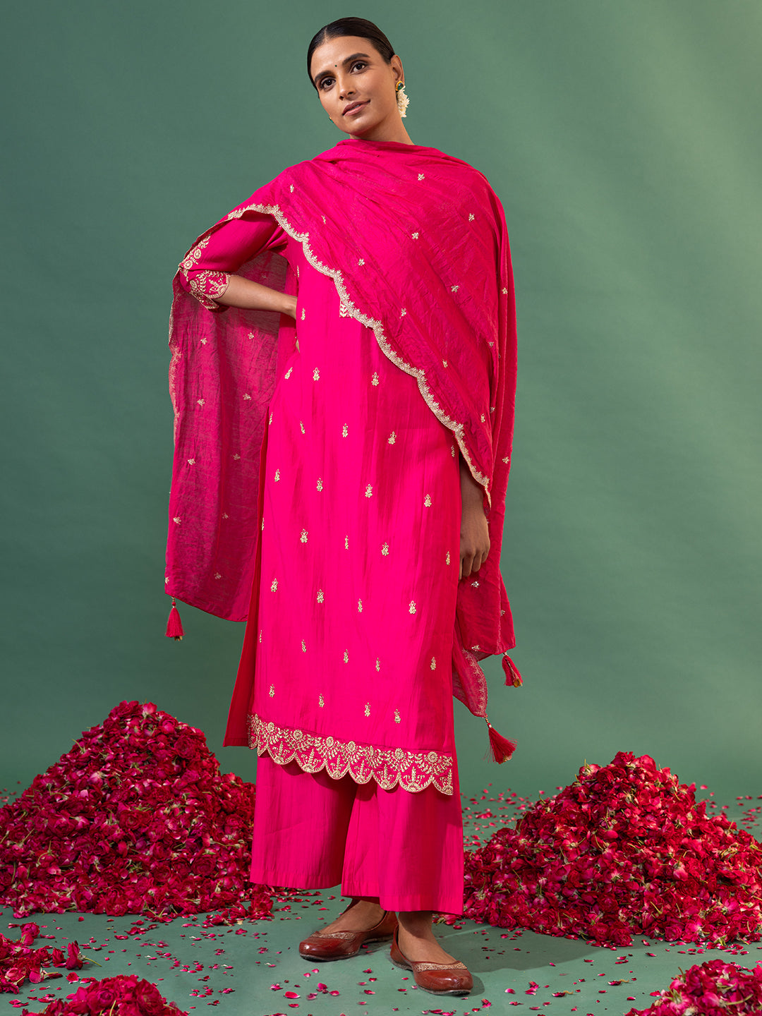 Hot Pink Embroidered Chanderi Silk Kurta Set-ARH1883