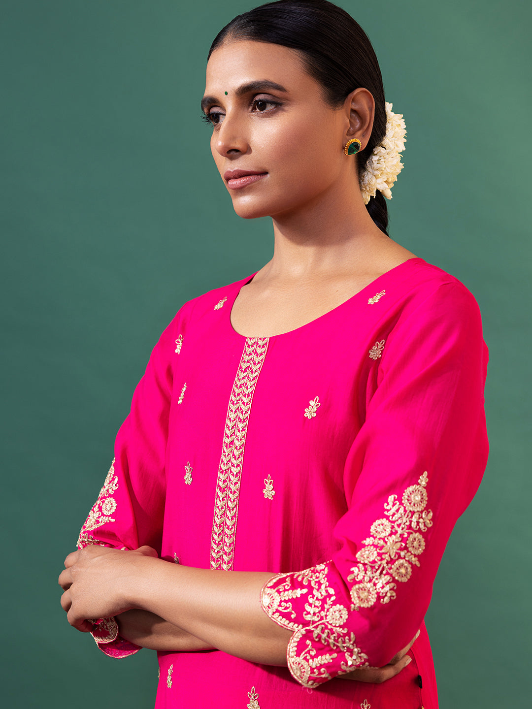 Hot Pink Embroidered Chanderi Silk Kurta Set-ARH1883