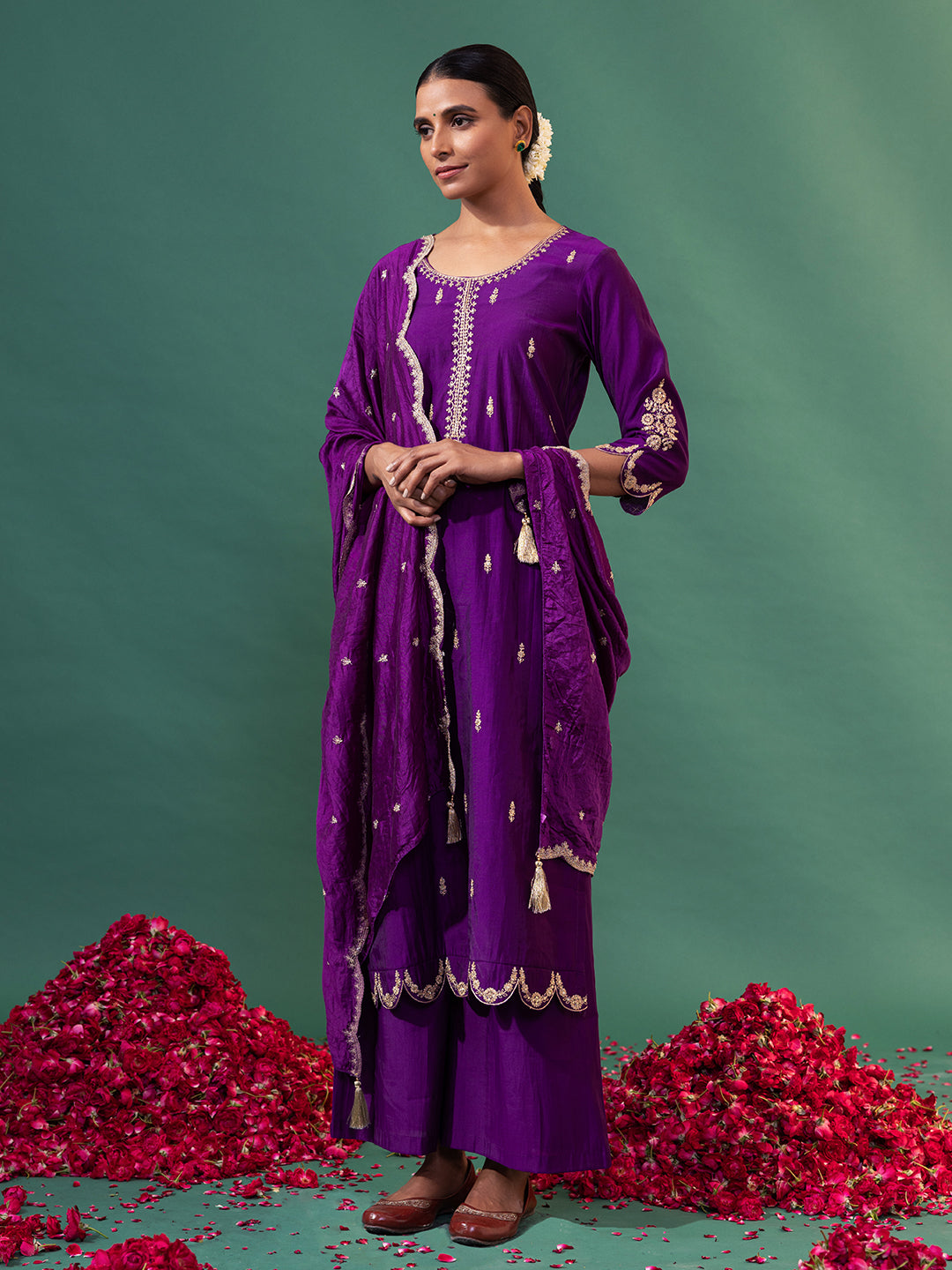 Purple Chanderi Silk Embroidered Kurta Set-ARH1890