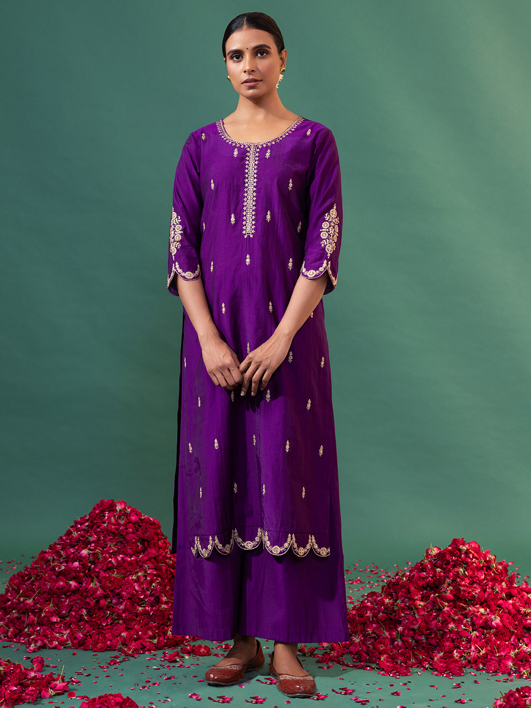 Purple Chanderi Silk Embroidered Kurta Set-ARH1890