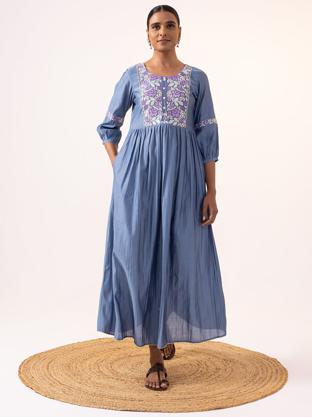 Fit & Flared Gathered Embroidered Dress-ARH1962