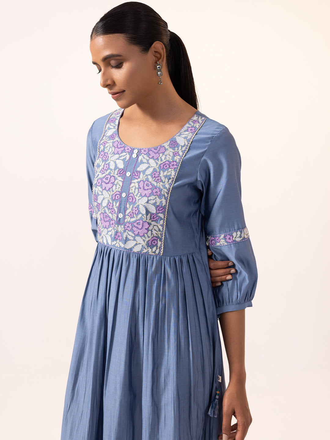 Fit & Flared Gathered Embroidered Dress-ARH1962