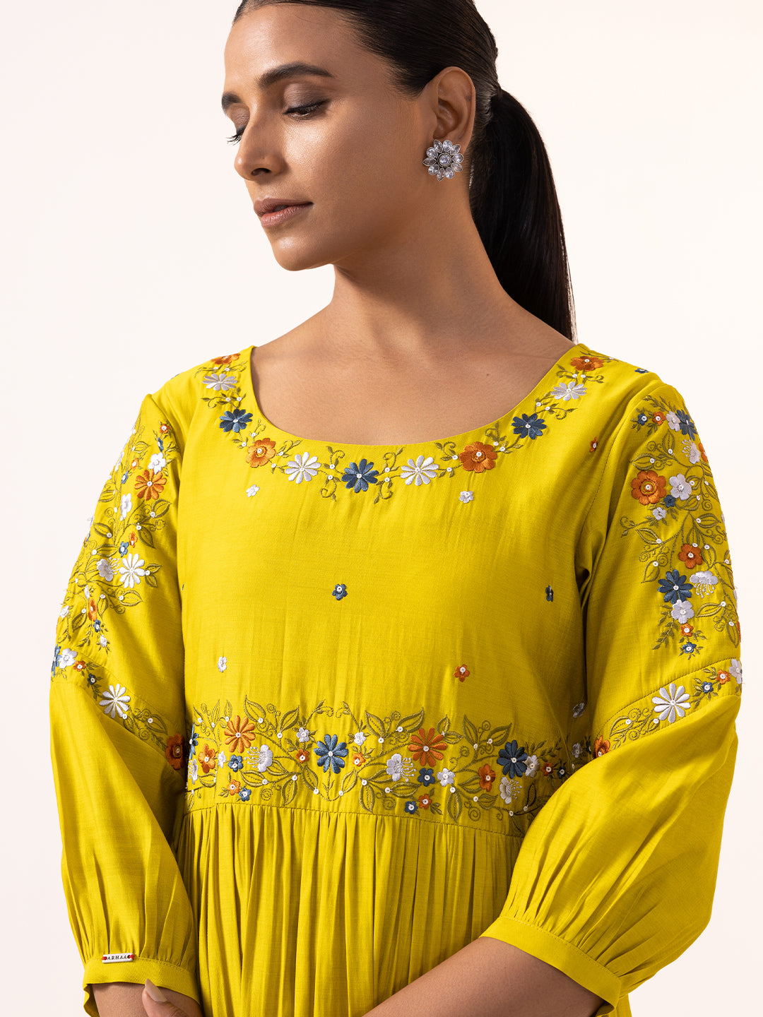 Floral Embroidered Gathered Chanderi Silk Dress-ARH1963