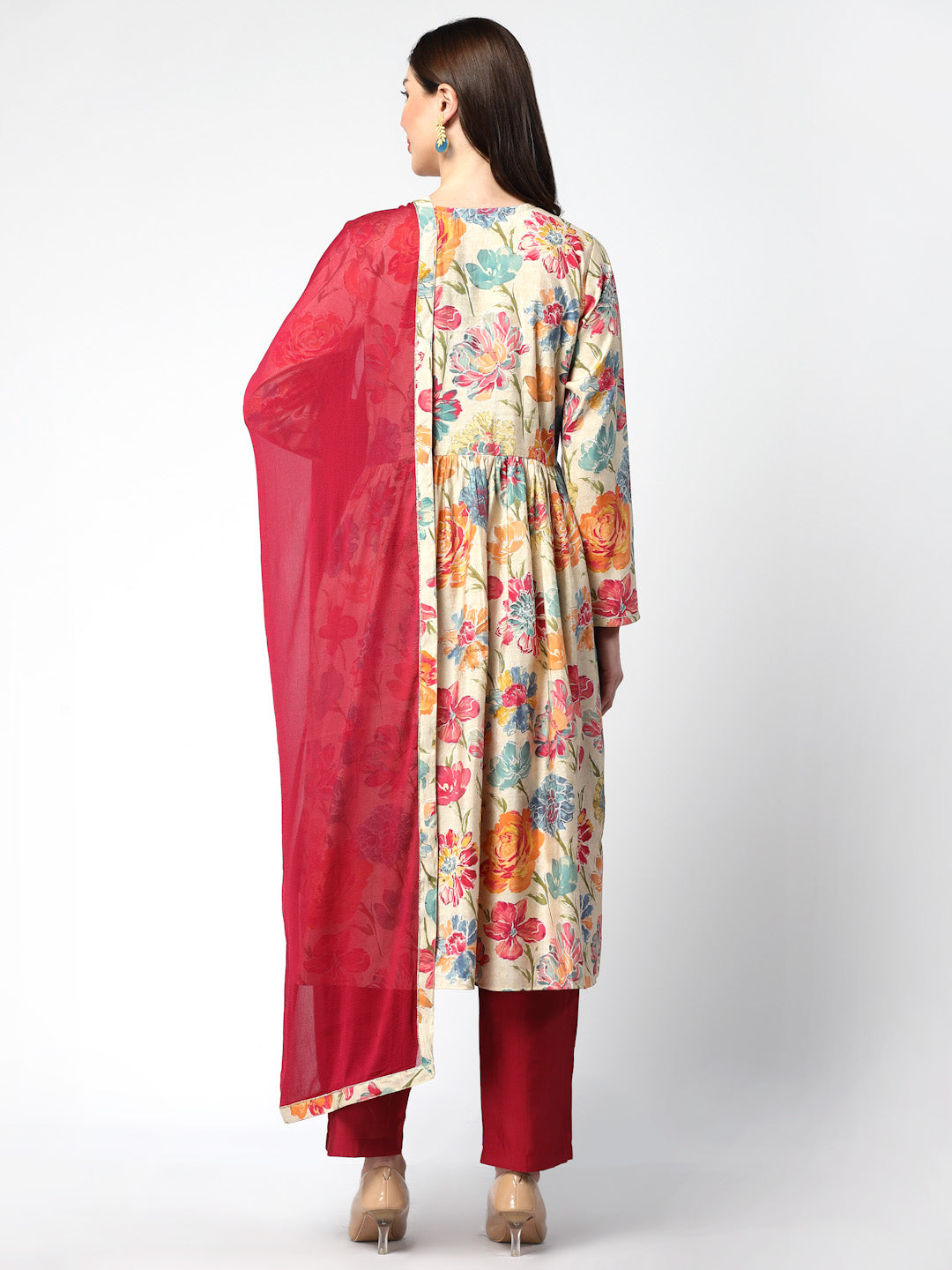 Floral Printed Gathred Chanderi Silk Kurta Set-ARH2056MT
