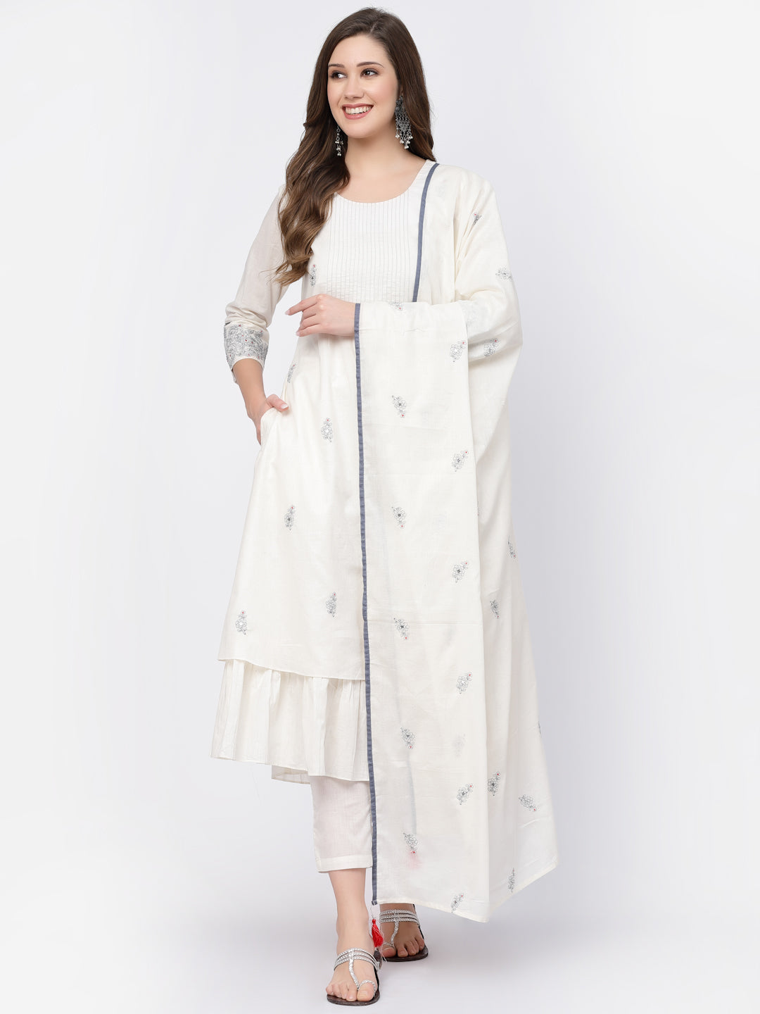 White Smoke Thread Work Mal Cotton Kurta Set