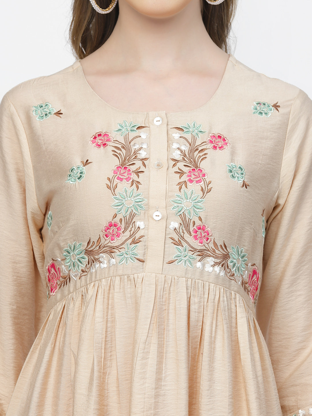Cream Embroidered Pleated Beige Dress - ARH1507