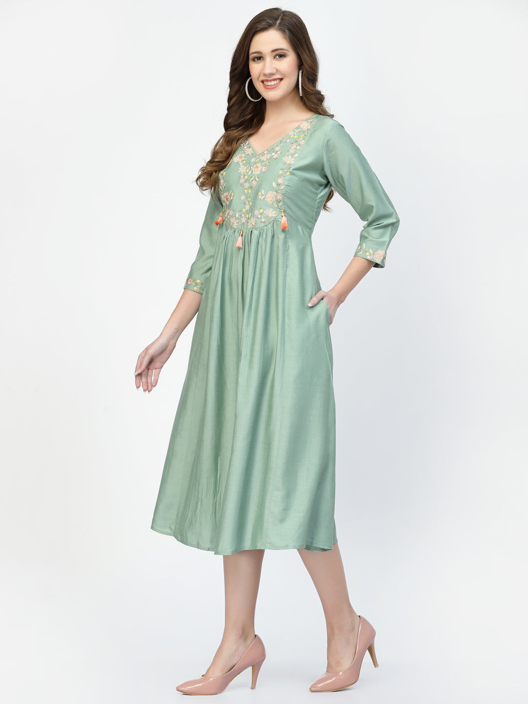 Pista Green Thread Embroidery Work Dress - ARH1678B