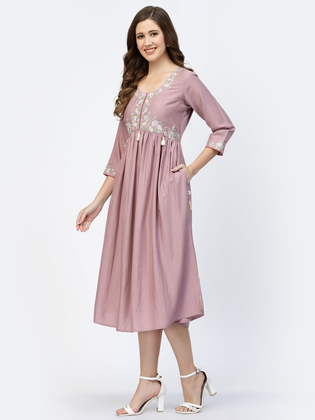Rose Pink Mulsin Silk Embroidered Summer Dress - ARH1698B