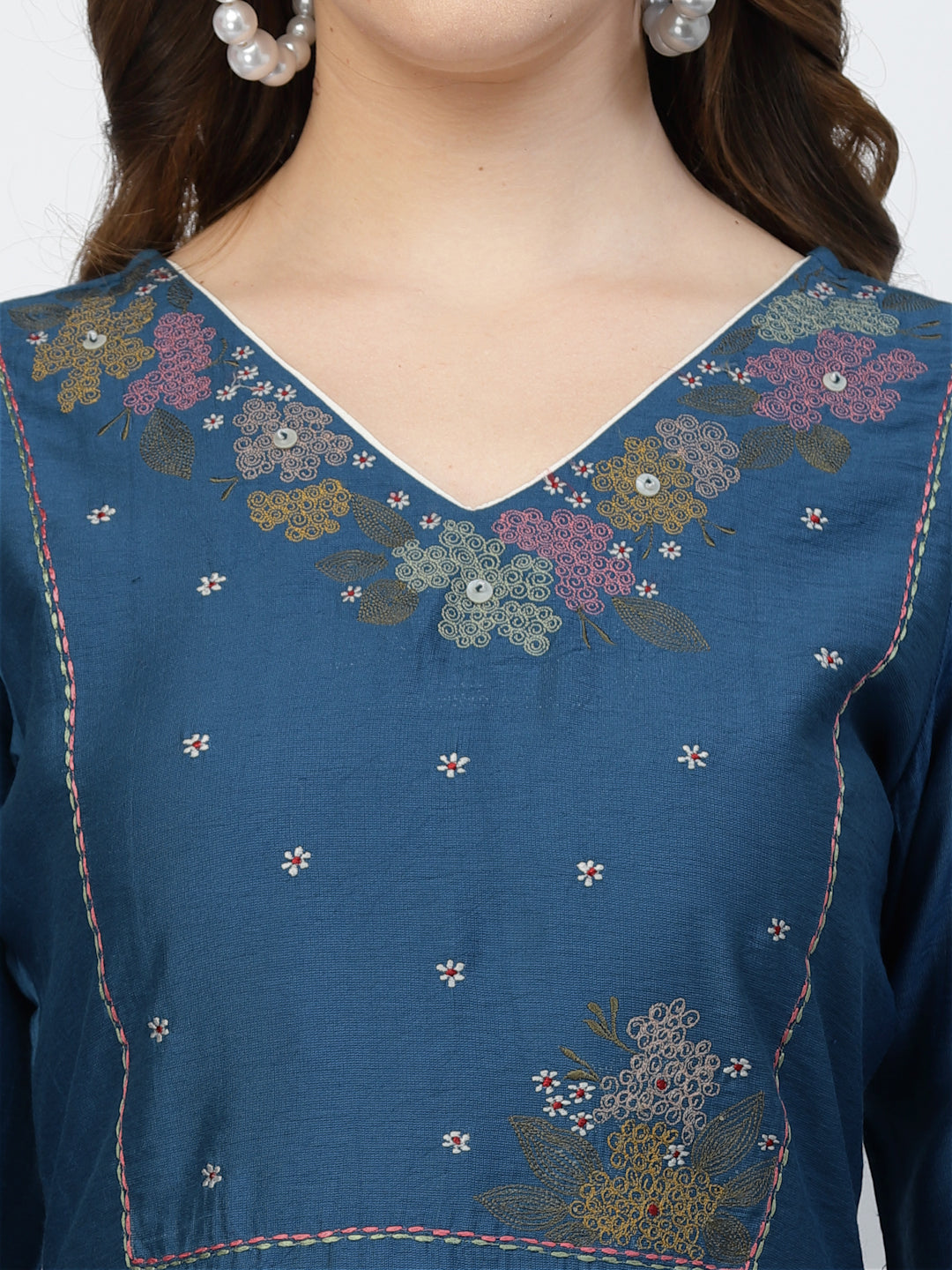 Navy Blue Viscose Silk Embroidered Work Dress - ARH1356