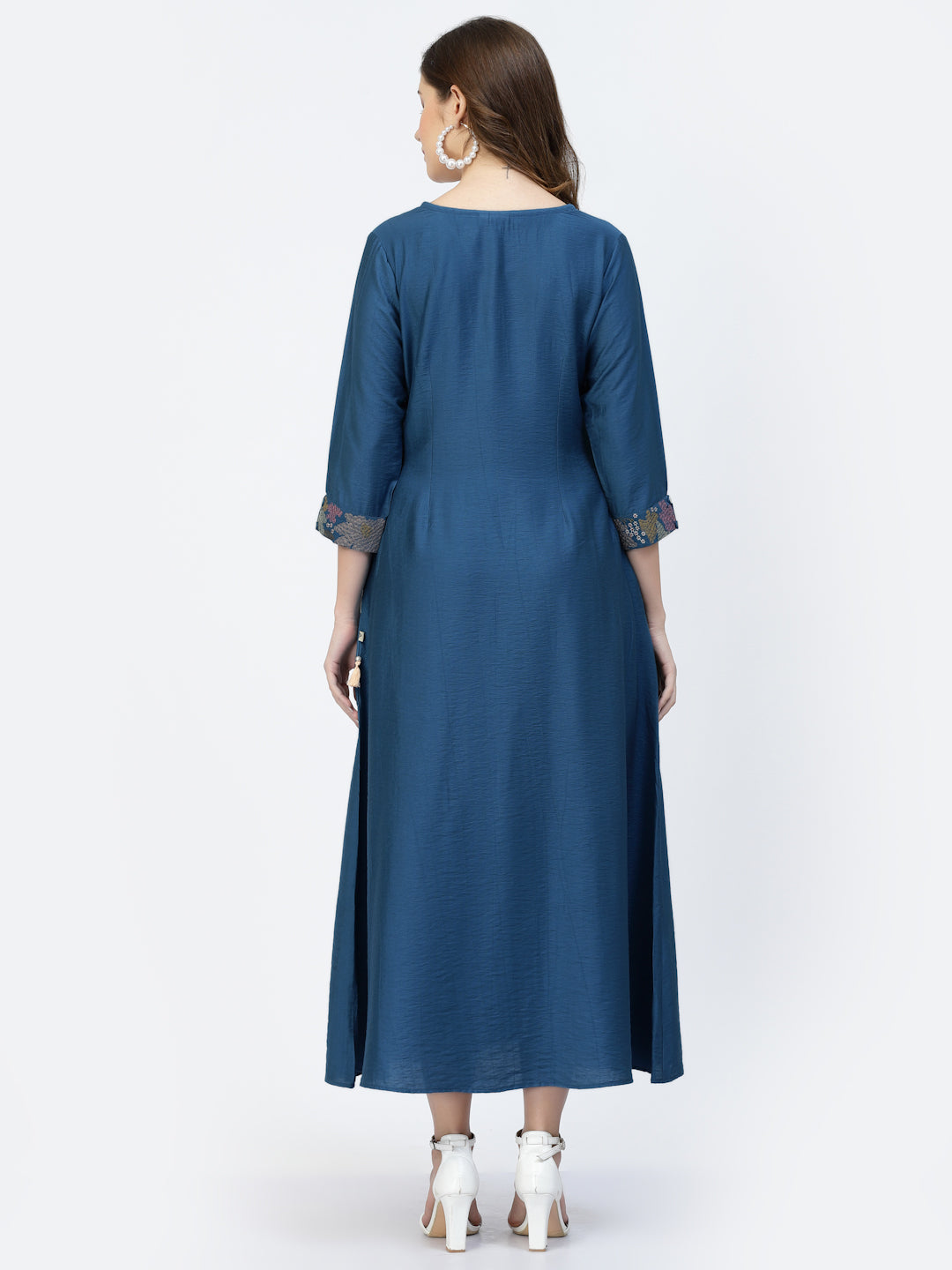 Navy Blue Viscose Silk Embroidered Work Dress - ARH1356