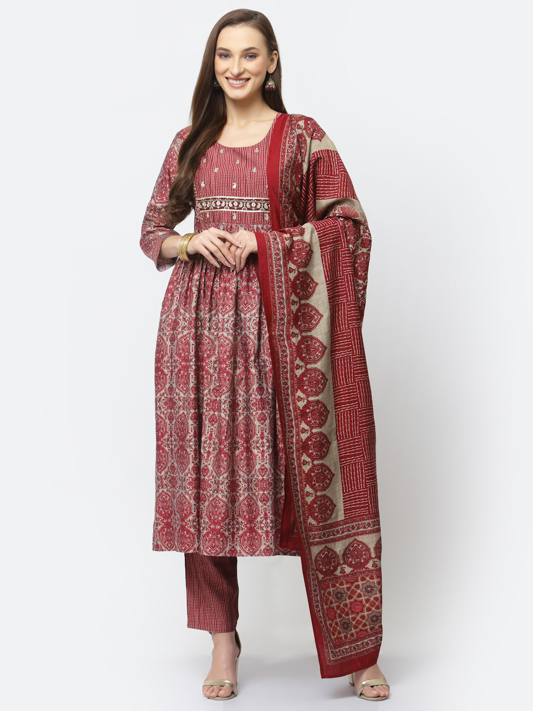 Deep Carmine Floral Printed and Paisley Embroidered Kurta Set with Printed Bottom and Dupatta - ARH1462R