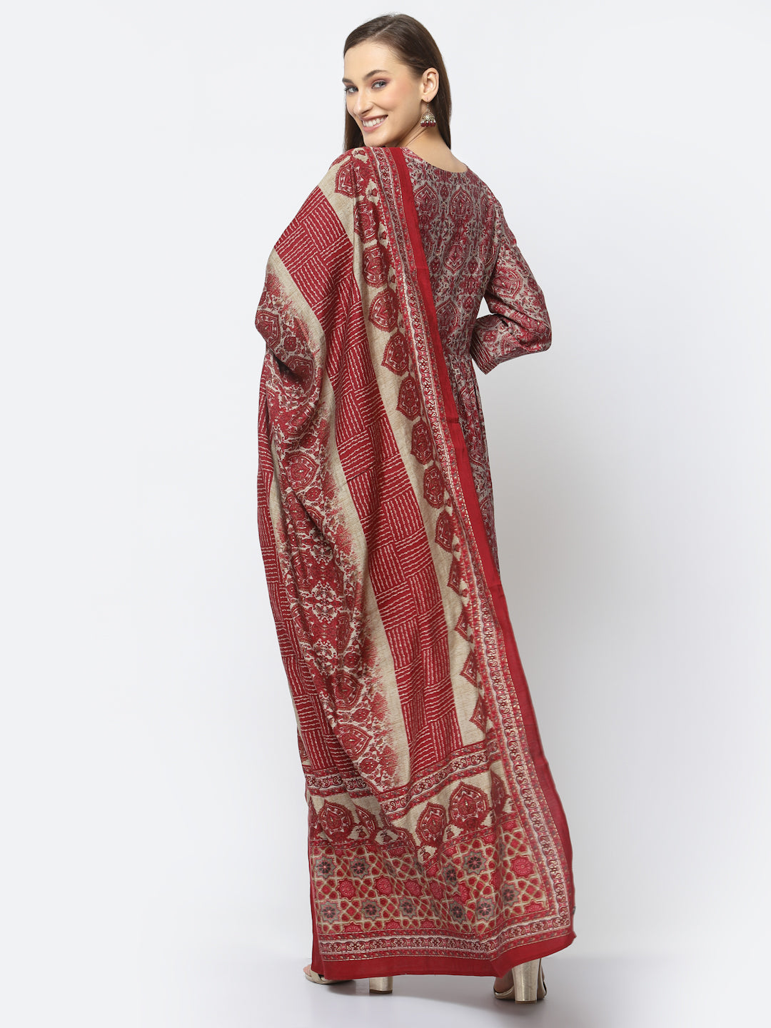 Deep Carmine Floral Printed and Paisley Embroidered Kurta Set with Printed Bottom and Dupatta - ARH1462R