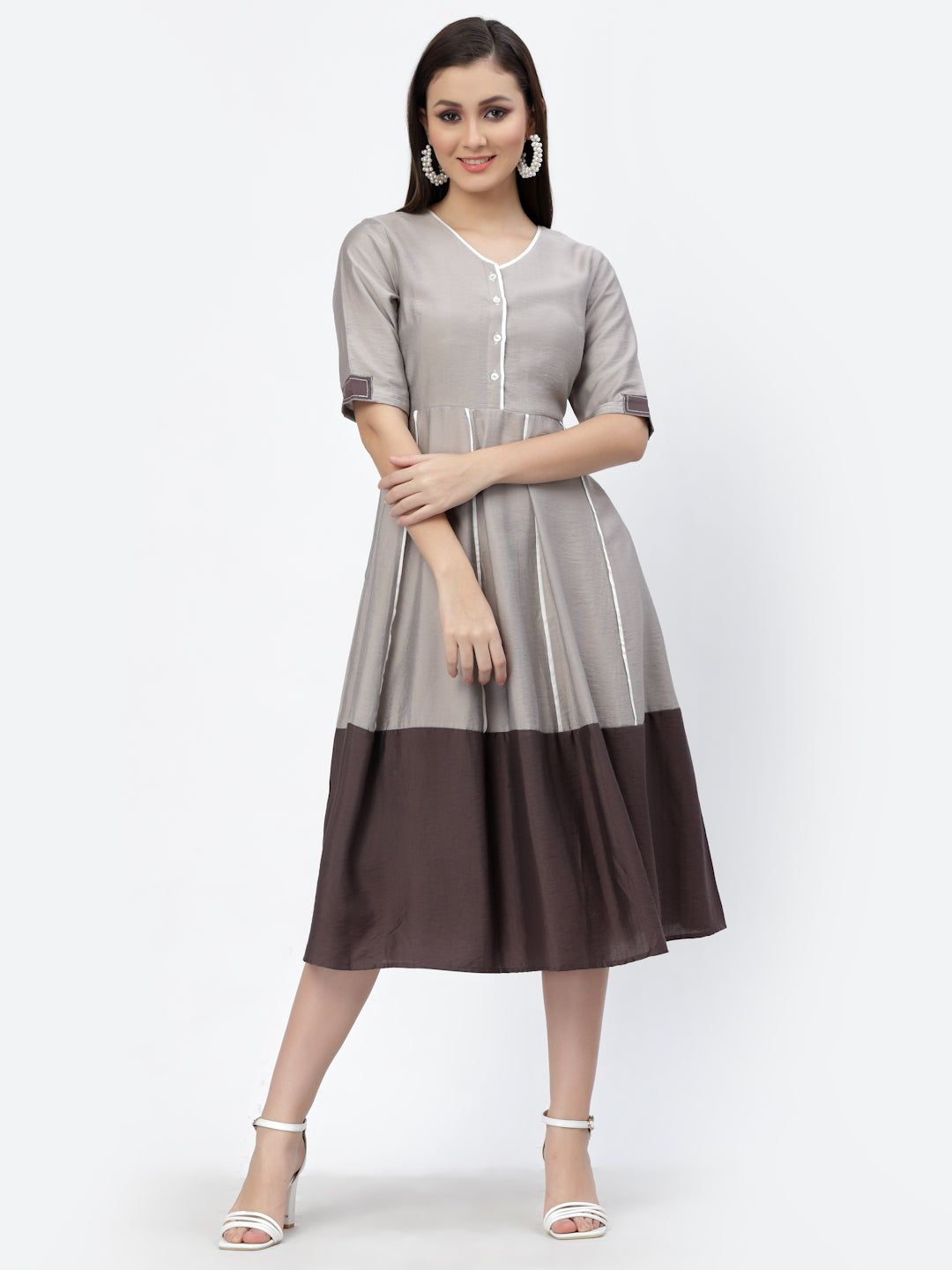 Grey Brown Colour block Flared Dress - ARH1013