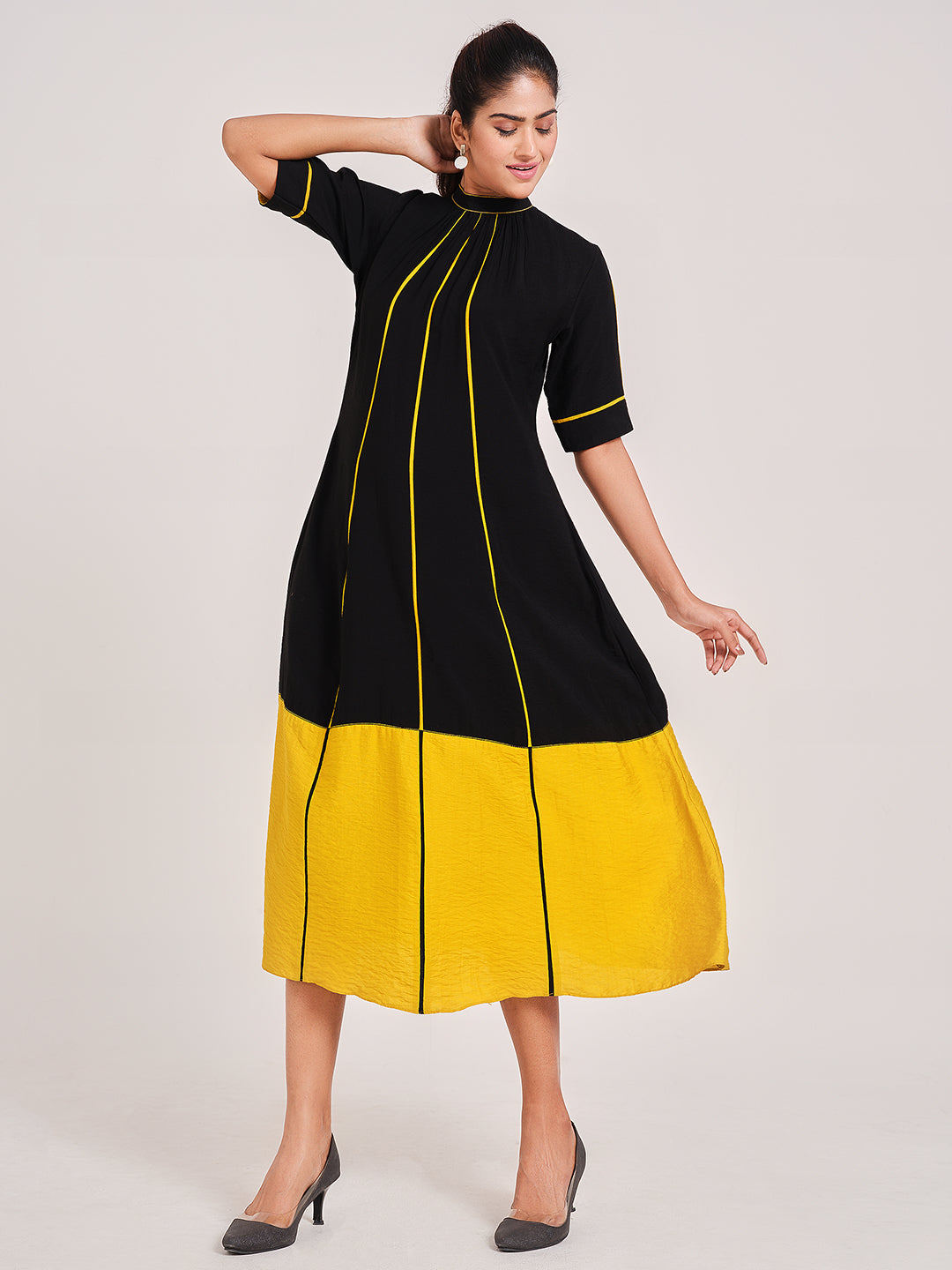 Black And Yellow Colourblock Flared Dress - ARH1019