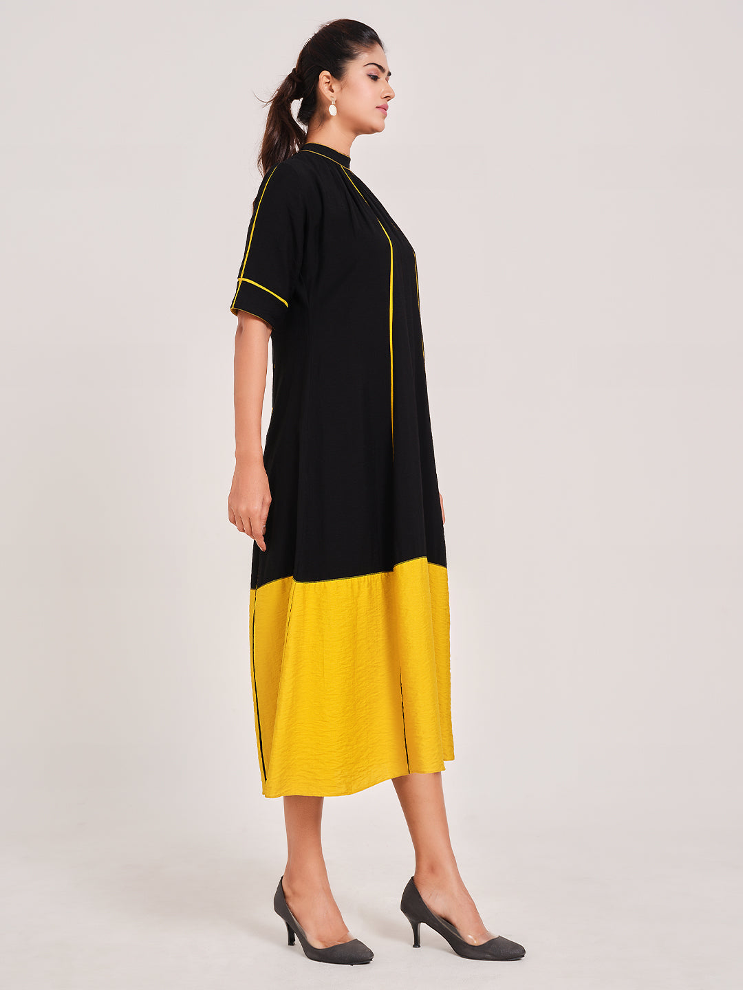 Black And Yellow Colourblock Flared Dress - ARH1019