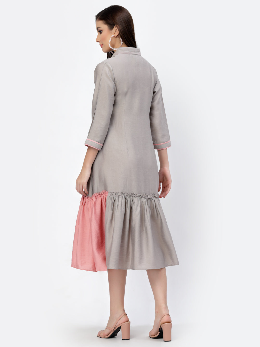 Grey Pink Colourblock Flared Ruffled Shirt Dress - ARH1036