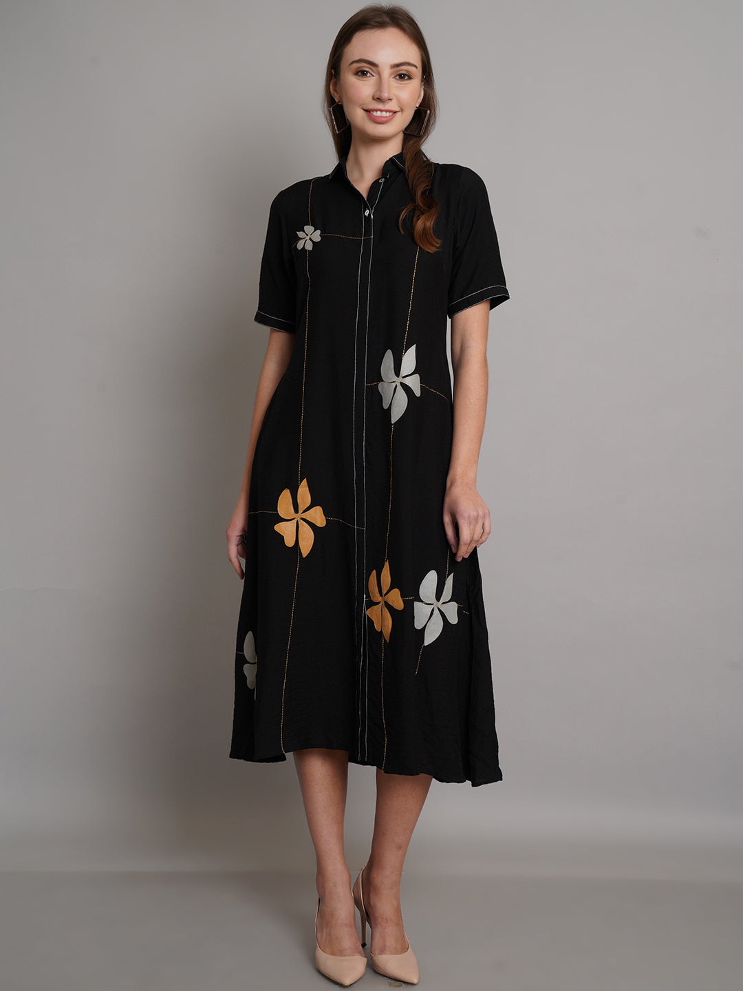 Black A-Line Leather Flower Patchwork Shirt Style Dress - ARH1069
