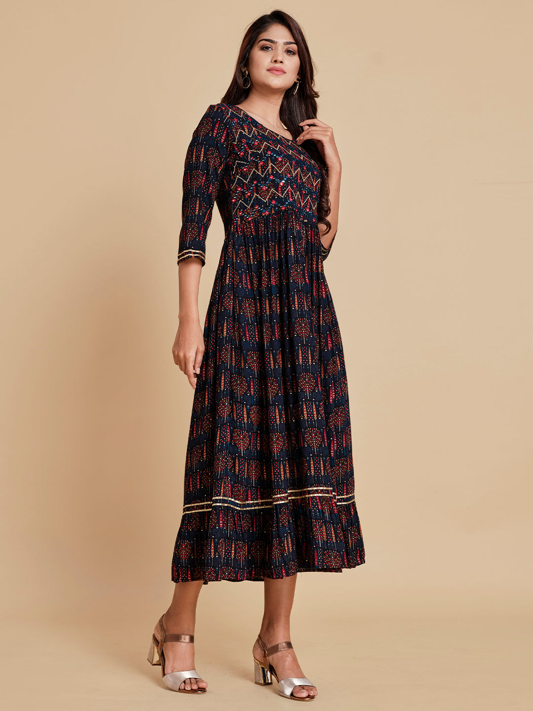 Navy Blue Mirror Work Dress - ARH1071B