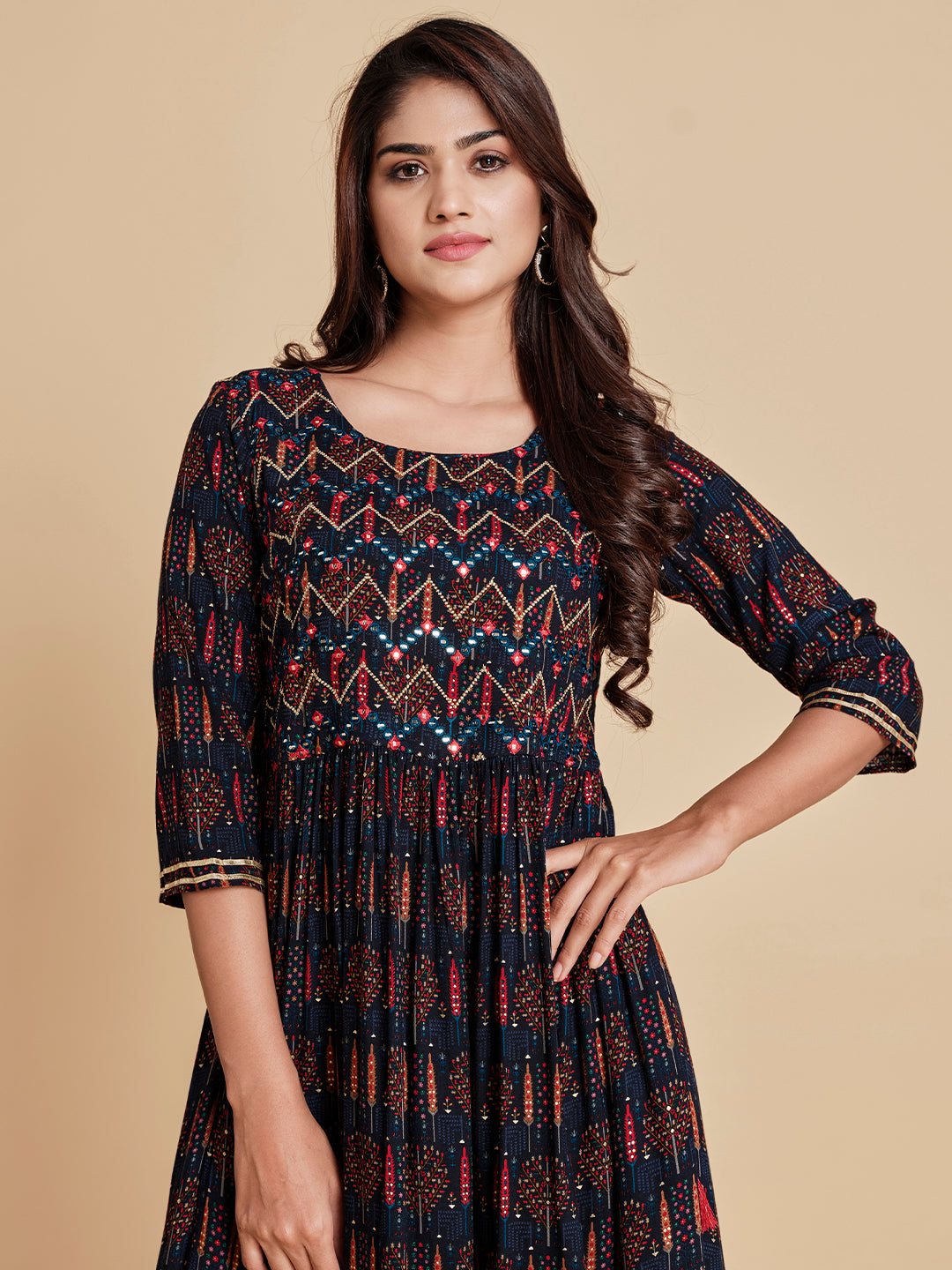 Navy Blue Mirror Work Dress - ARH1071B