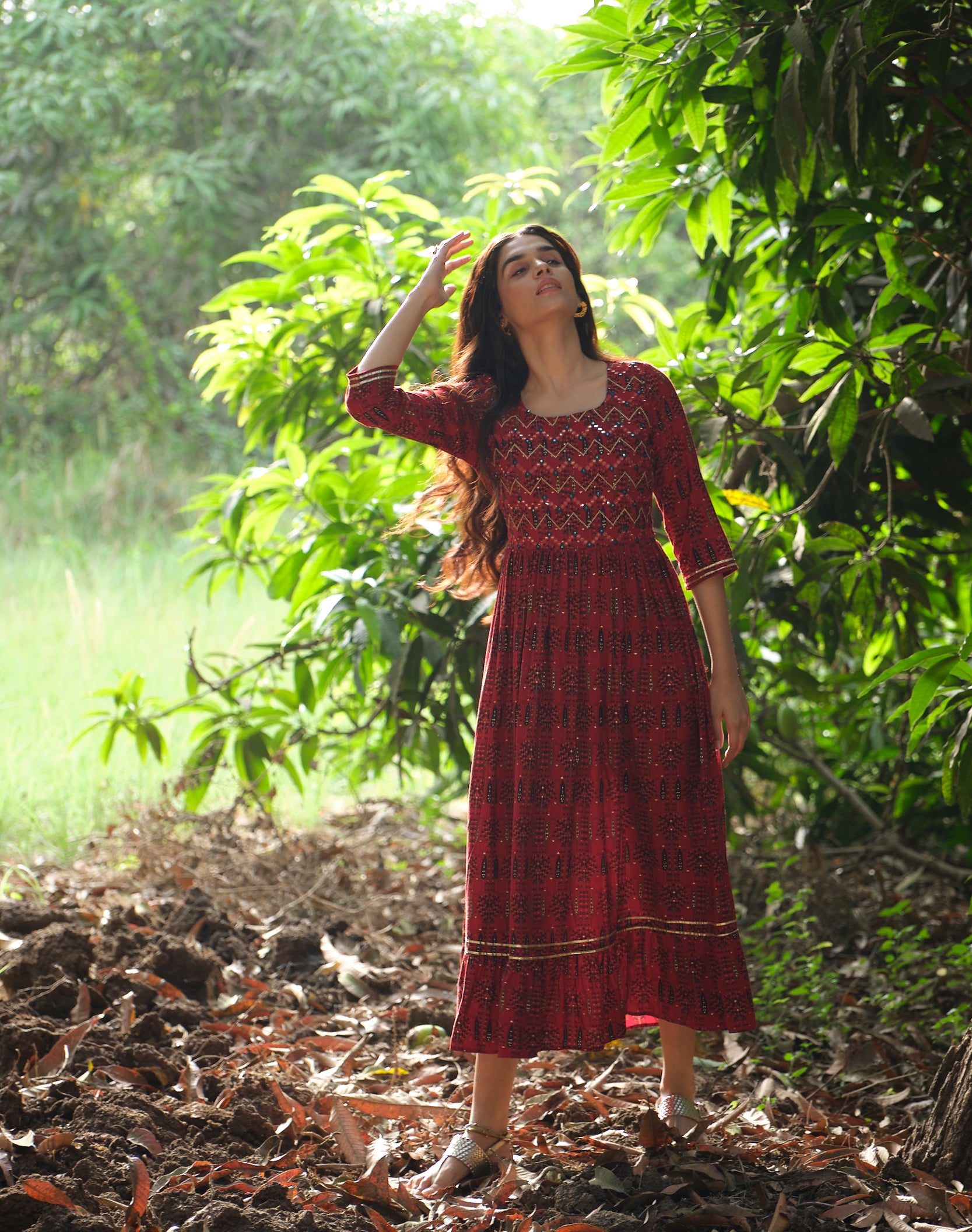 Mirror Work Printed Fit & Flared Dress - ARH1071RAB