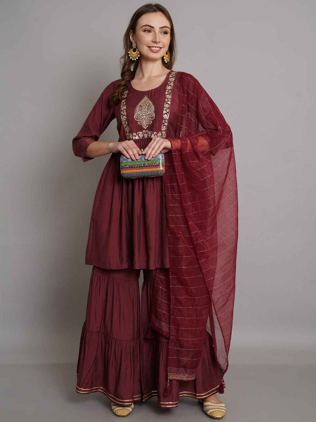 Embellished Gathered Kurta With Flared Sharara & Dupatta Set - ARH1097