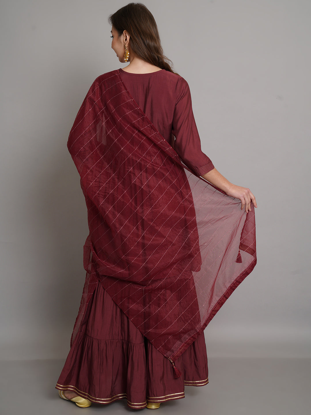 Embellished Gathered Kurta With Flared Sharara & Dupatta Set - ARH1097